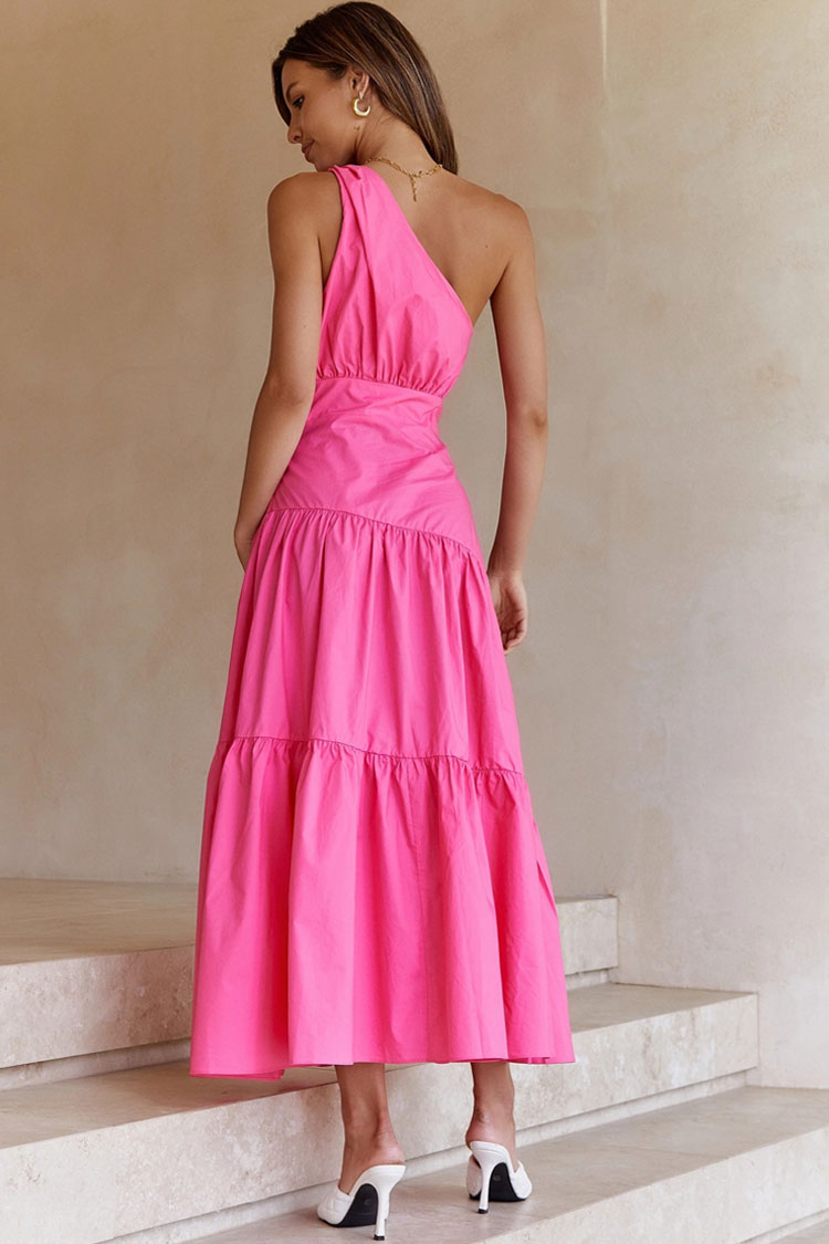 Rose One Shoulder Ruched Waist Tiered Flowy Maxi Dress 3
