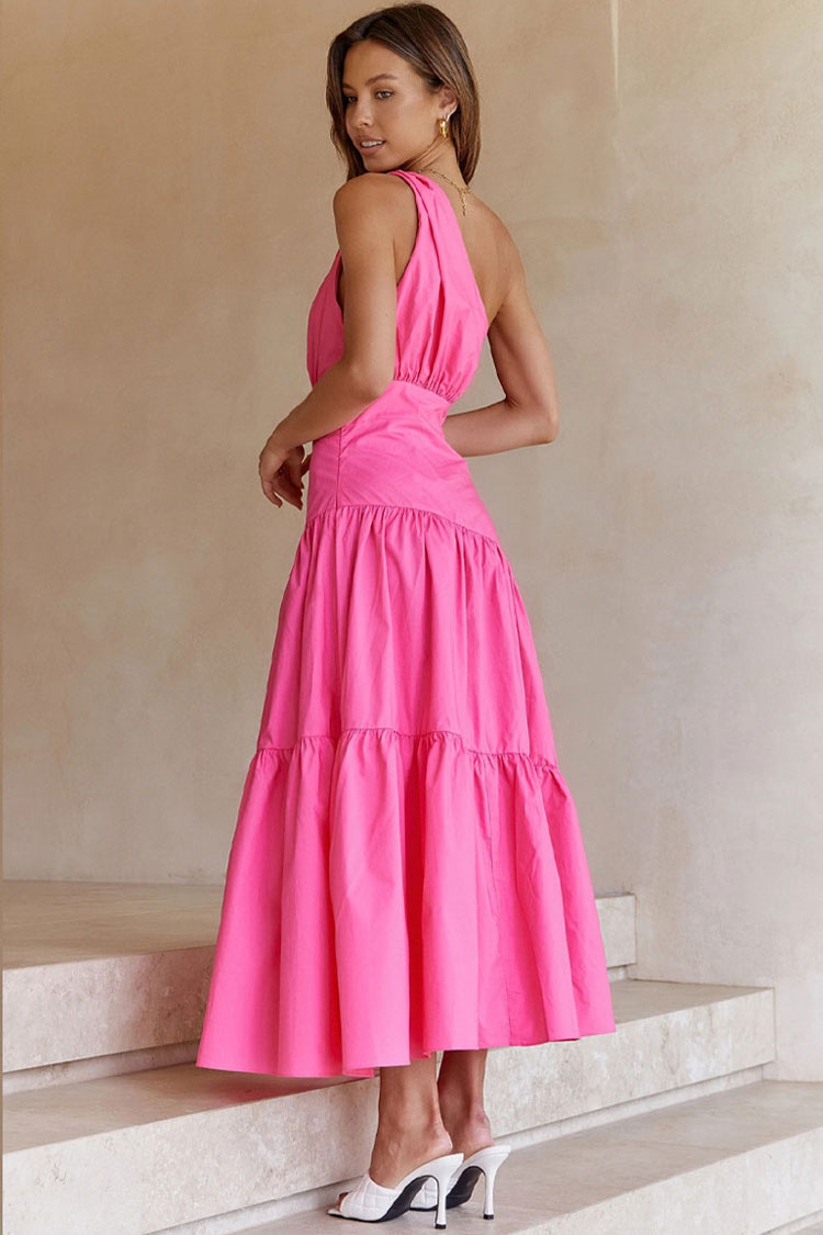 Rose One Shoulder Ruched Waist Tiered Flowy Maxi Dress 4