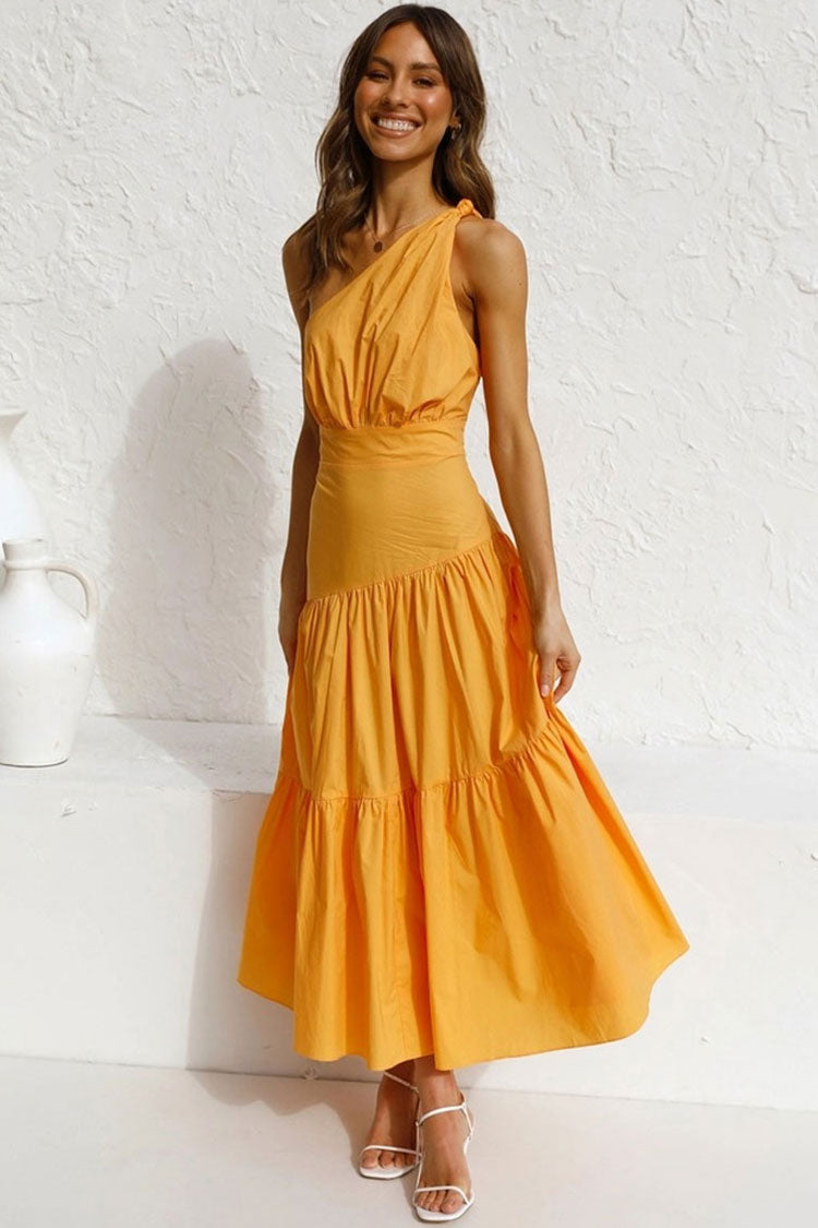 Yellow One Shoulder Ruched Waist Tiered Flowy Maxi Dress