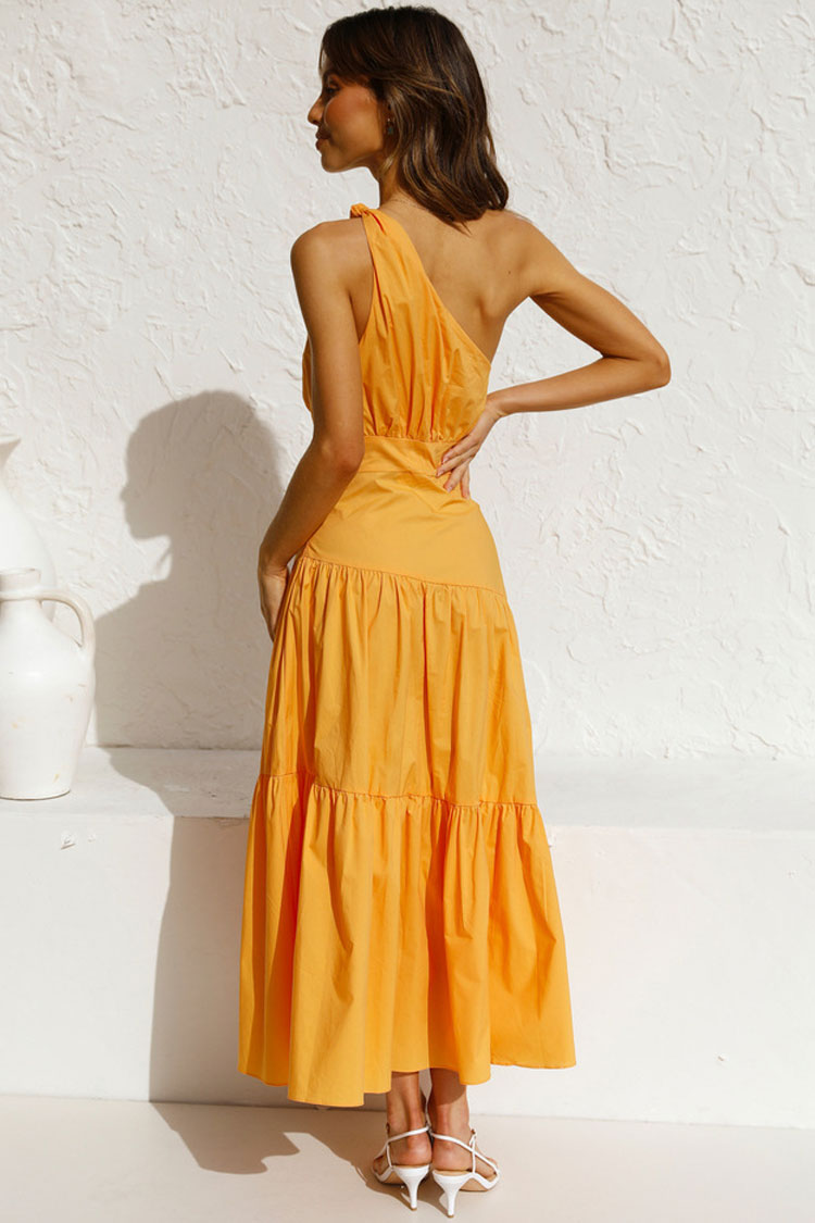 Yellow One Shoulder Ruched Waist Tiered Flowy Maxi Dress