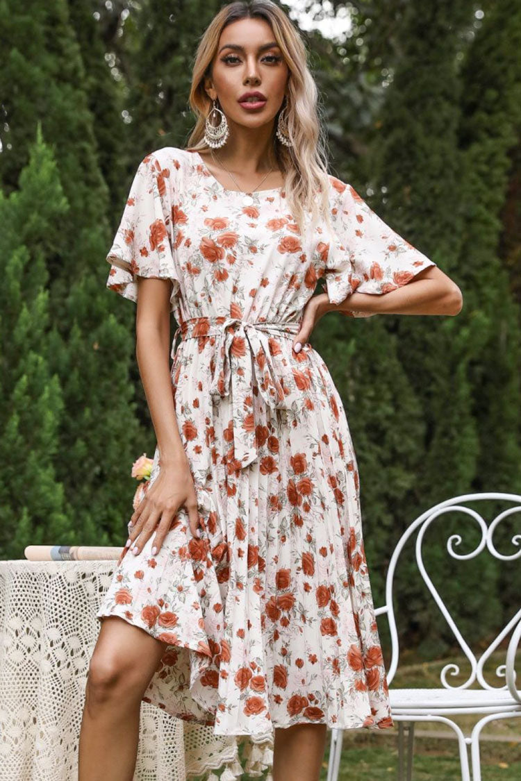 White Square Neck Flutter Sleeve Pleated Floral Print Belted A-Line Midi Dress