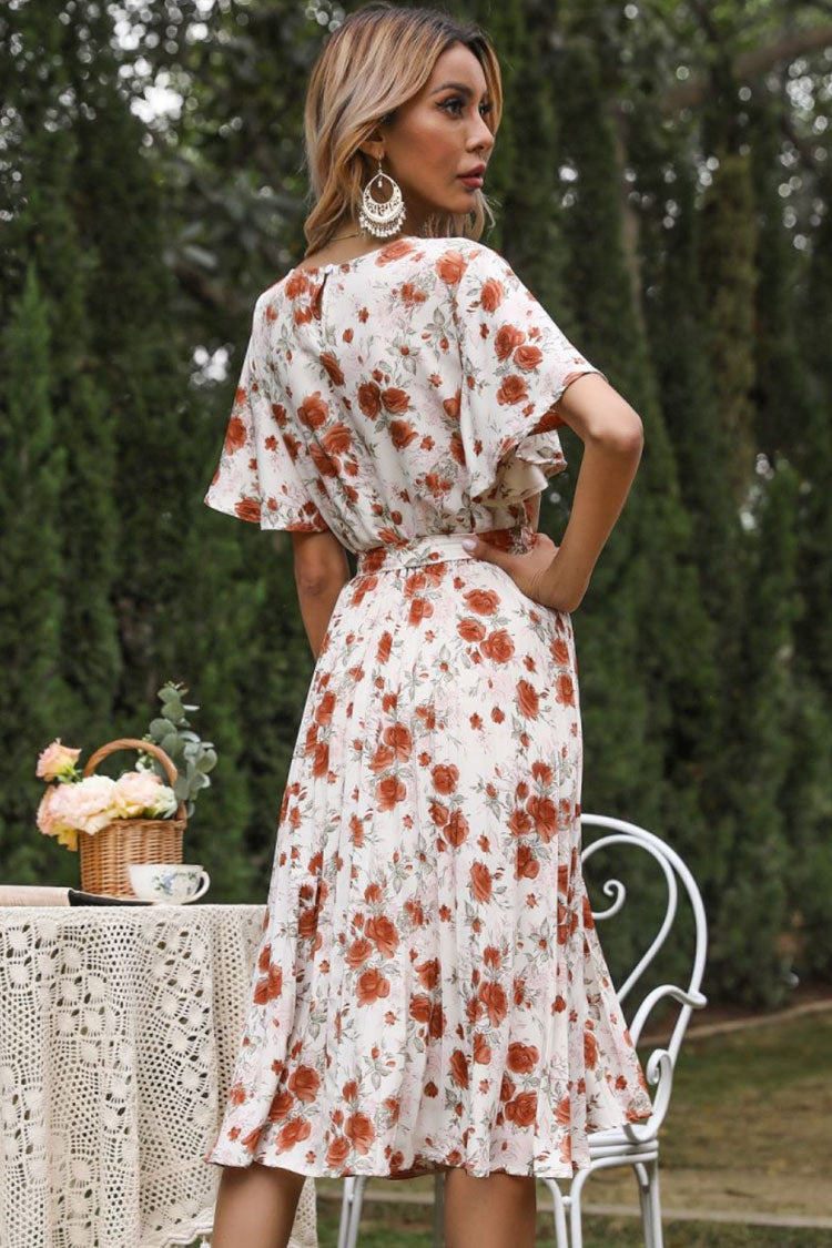 White Square Neck Flutter Sleeve Pleated Floral Print Belted A-Line Midi Dress
