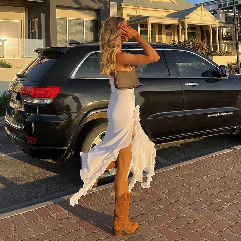 White Strapless Flower Applique Ruffle Trim High Slit Flowy Maxi Dress