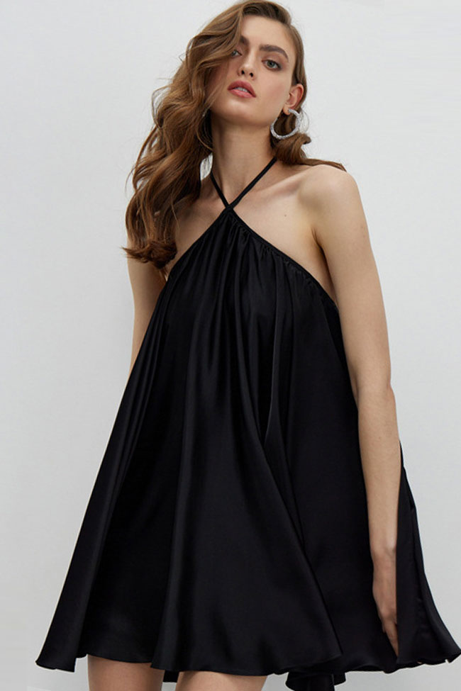 Black Halter Neck Sleeveless Satin Flowy Swing Mini Dress