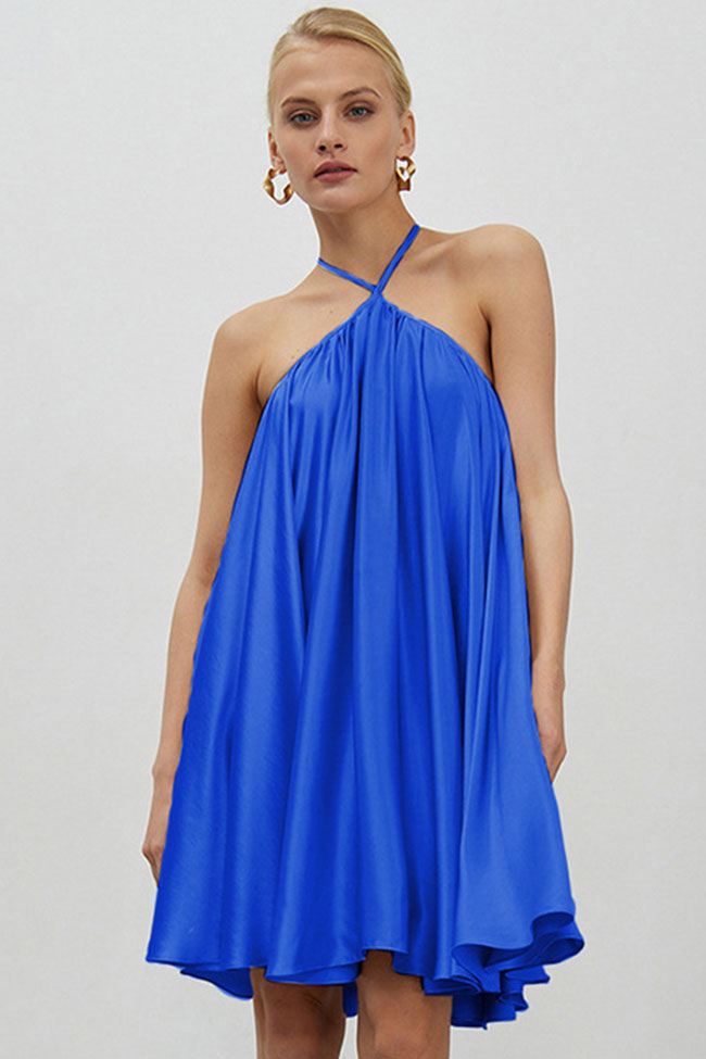 Blue Halter Neck Criss Cross Draped Flowy A-Line Swing Mini Dress
