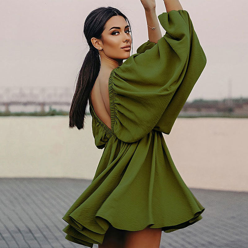 Green Backless Puff Sleeve Textured Ruffle Babydoll Mini Dress
