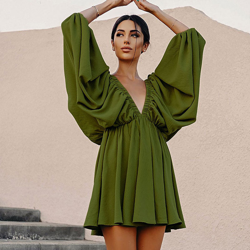 Green Backless Puff Sleeve Textured Ruffle Babydoll Mini Dress