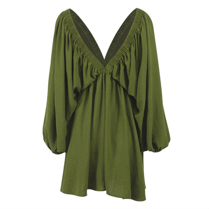 Green Backless Puff Sleeve Textured Ruffle Babydoll Mini Dress