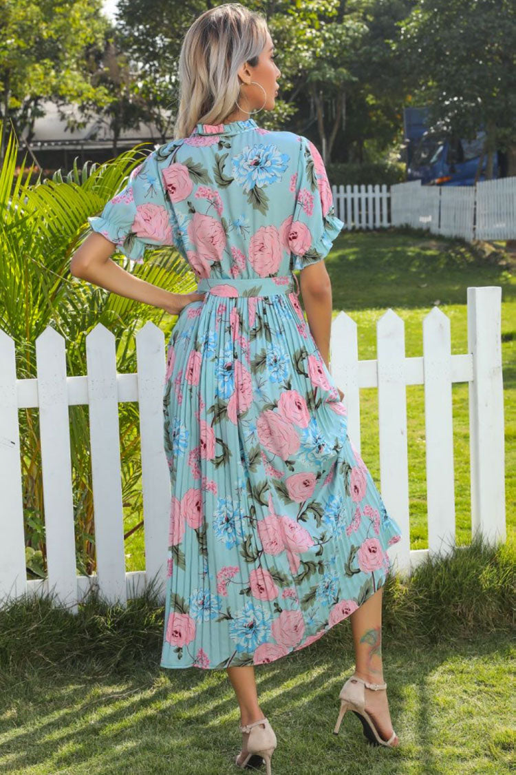 Lake Blue Tie Neck Puff Sleeve Floral Print Pleated Belted A-Line Midi Dress 3
