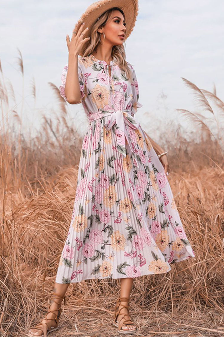 Pink Tie Neck Flutter Sleeve Floral Print Pleated A-Line Midi Dress