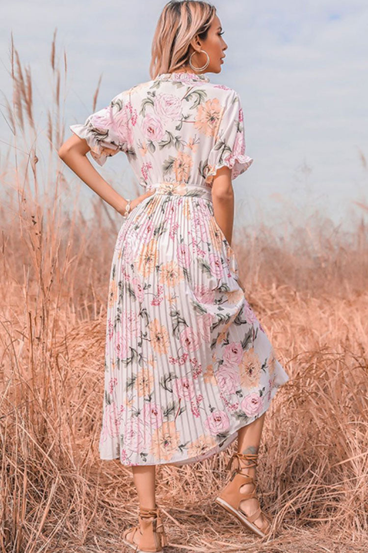 Pink Tie Neck Flutter Sleeve Floral Print Pleated A-Line Midi Dress