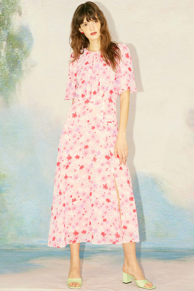 Pink Round Neck Flutter Sleeve Floral Print High Slit Midi Dress