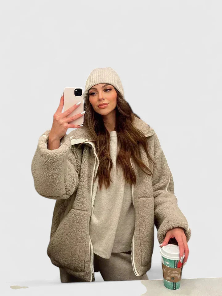 Stand Collar Zip-Front Patch Pocket Sherpa Teddy Jacket
