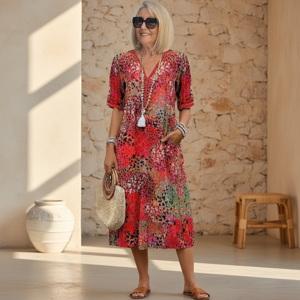 V-Neck Short Sleeve Abstract Print Tiered Midi Dress 6