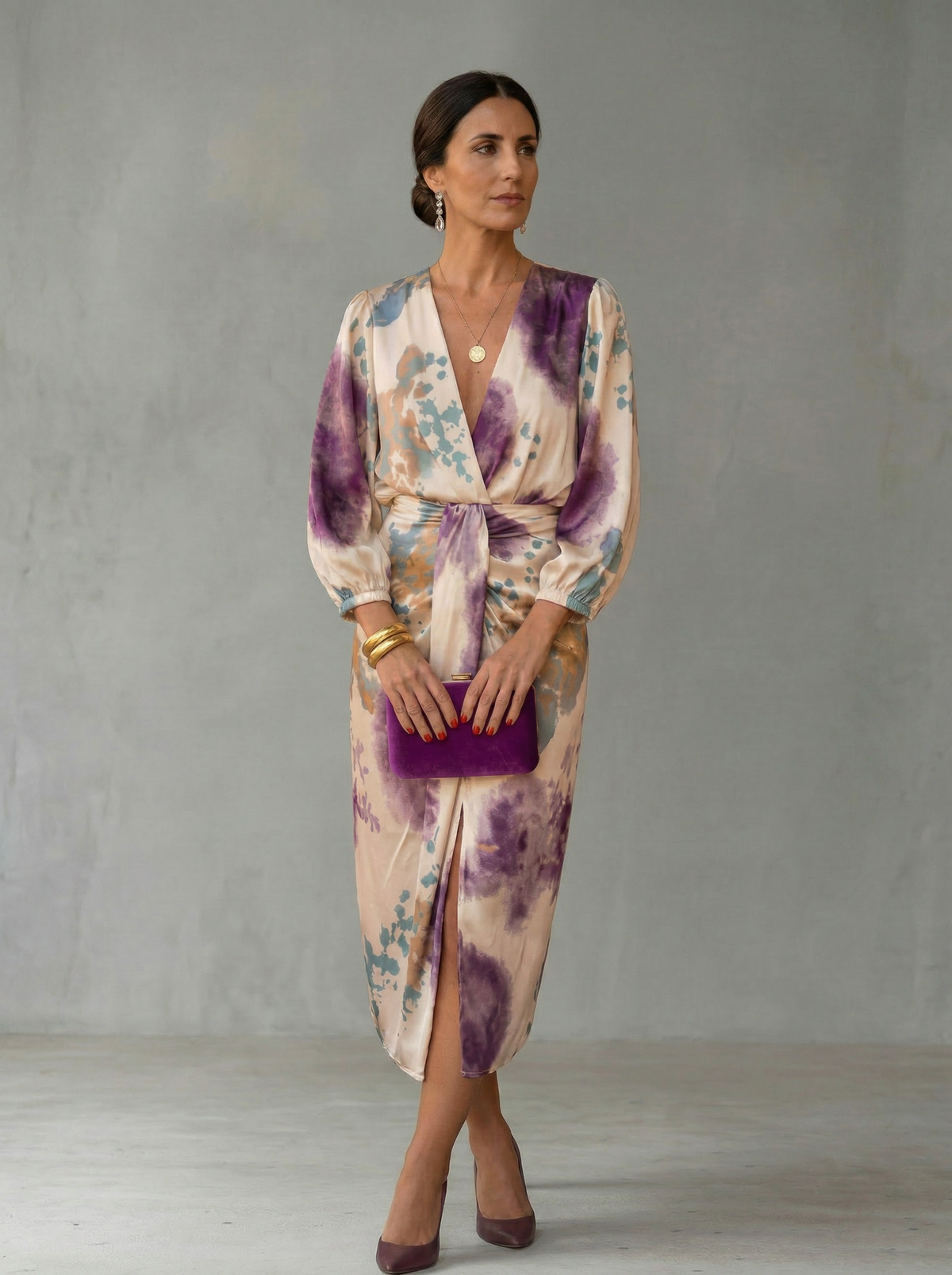 Violet Silk V-Neck Watercolor Print Satin Balloon Sleeve Wrap Midi Dress
