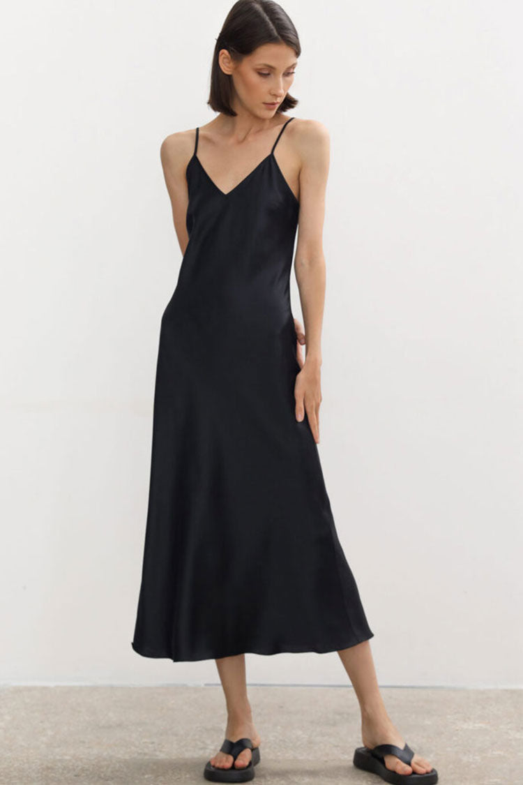 Black V-Neck Spaghetti Strap Satin Slip Midi Dress
