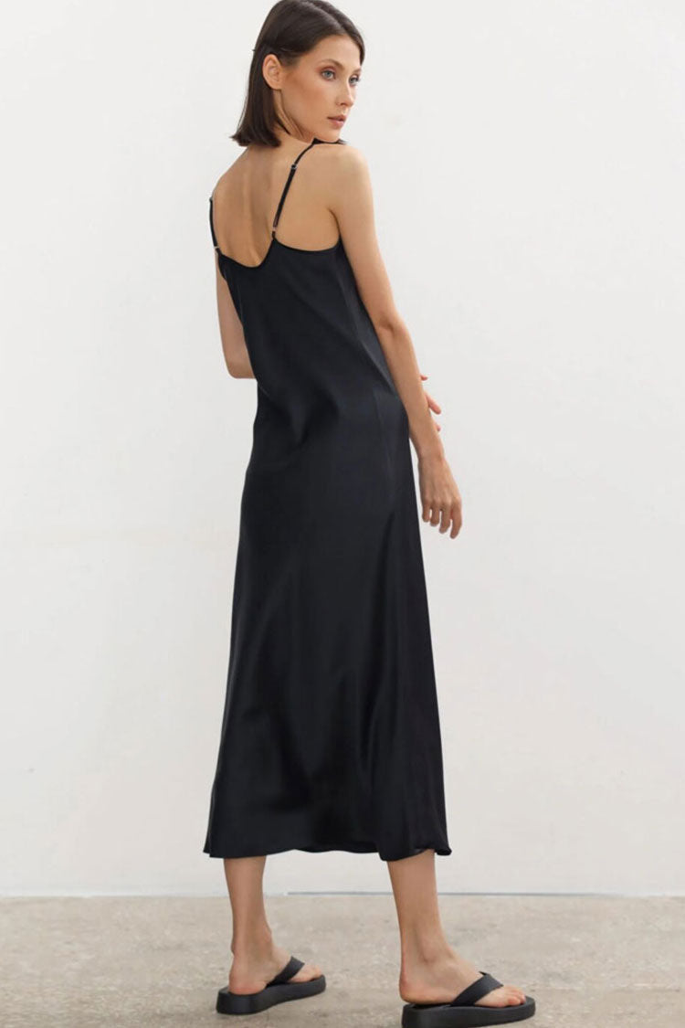 Black V-Neck Spaghetti Strap Satin Slip Midi Dress