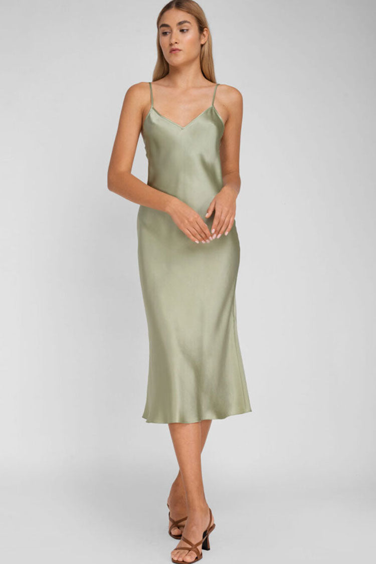 Light Green V-Neck Spaghetti Strap Satin Slip Midi Dress