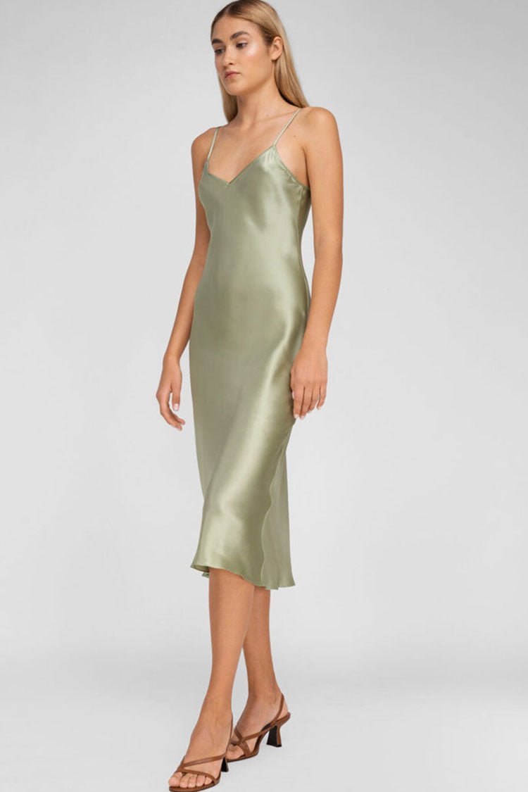 Light Green V-Neck Spaghetti Strap Satin Slip Midi Dress