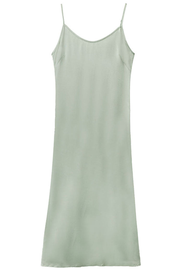 Light Green V-Neck Spaghetti Strap Satin Slip Midi Dress