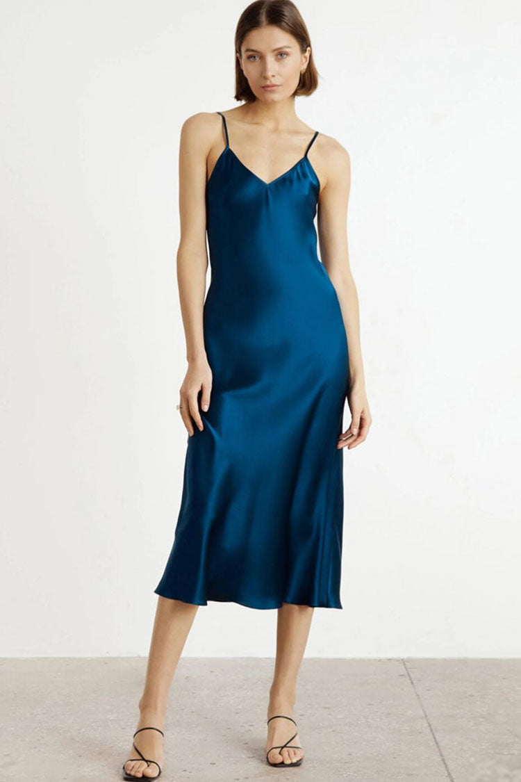 Navy Blue V-Neck Spaghetti Strap Satin Slip Midi Dress