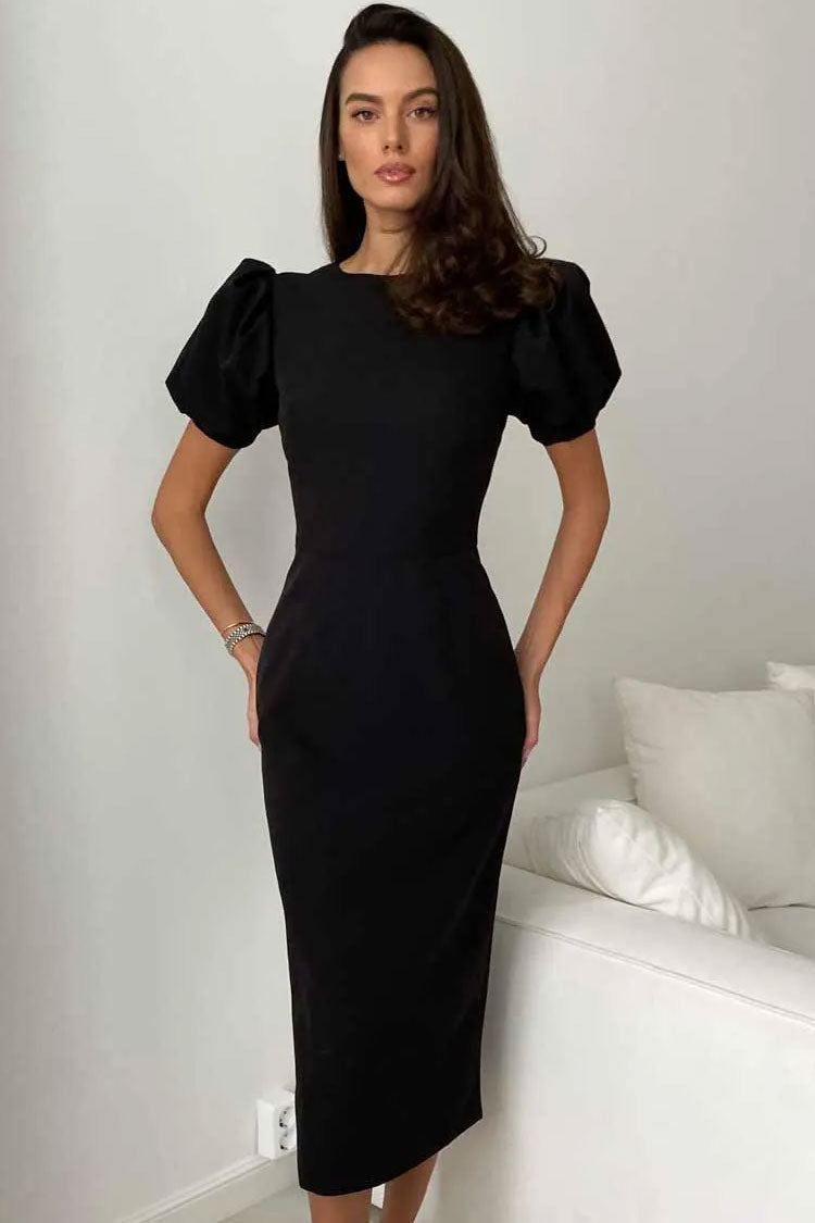 Black Crew Neck Puff Sleeve Fitted Sheath Midi Dress