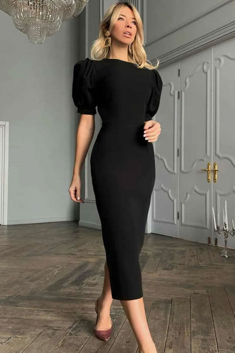 Black Crew Neck Puff Sleeve Fitted Sheath Midi Dress