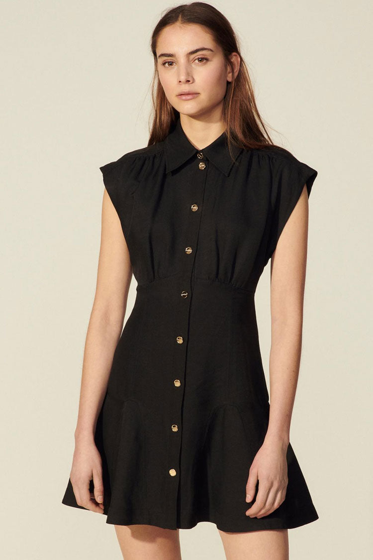 Black Collared Cap Sleeve Button Front Flared Shirt Mini Dress