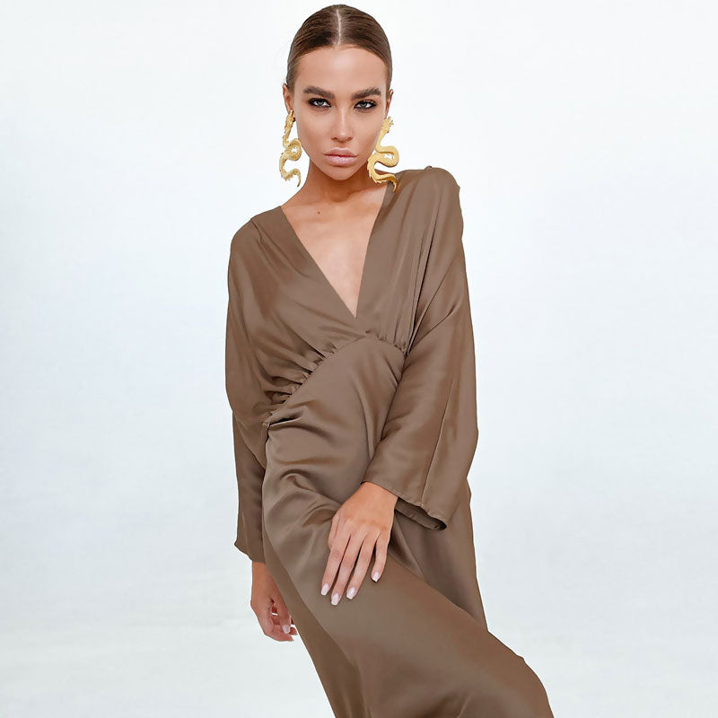 Brown Deep V-Neck Satin Ruched Batwing Sleeve Maxi Dress