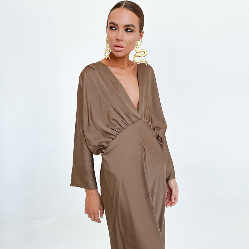 Brown Deep V-Neck Satin Ruched Batwing Sleeve Maxi Dress