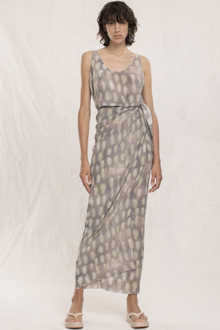 Purple Gray Scoop Neck Sleeveless Printed Tie-Side Wrap Maxi Dress