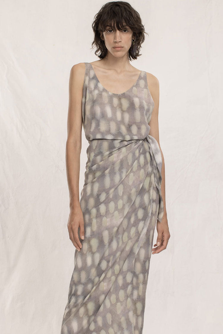 Purple Gray Scoop Neck Sleeveless Printed Tie-Side Wrap Maxi Dress 4