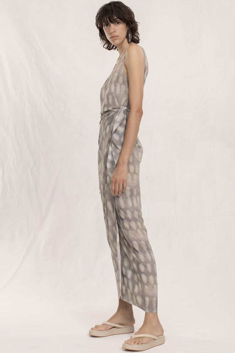 Purple Gray Scoop Neck Sleeveless Printed Tie-Side Wrap Maxi Dress 2