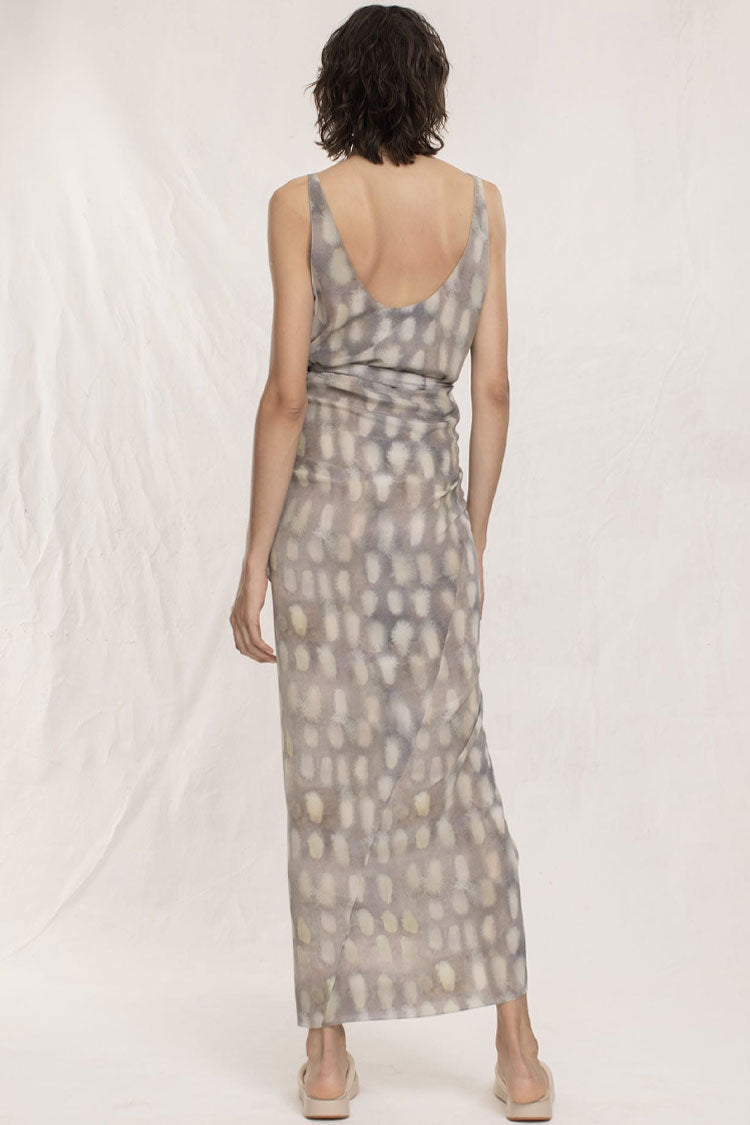 Purple Gray Scoop Neck Sleeveless Printed Tie-Side Wrap Maxi Dress 3
