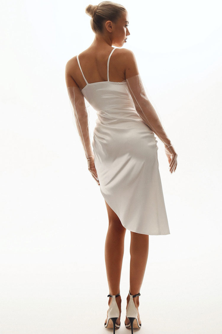 White Spaghetti Strap V-Neck Satin Ruched Wrap High Slit Midi Dress