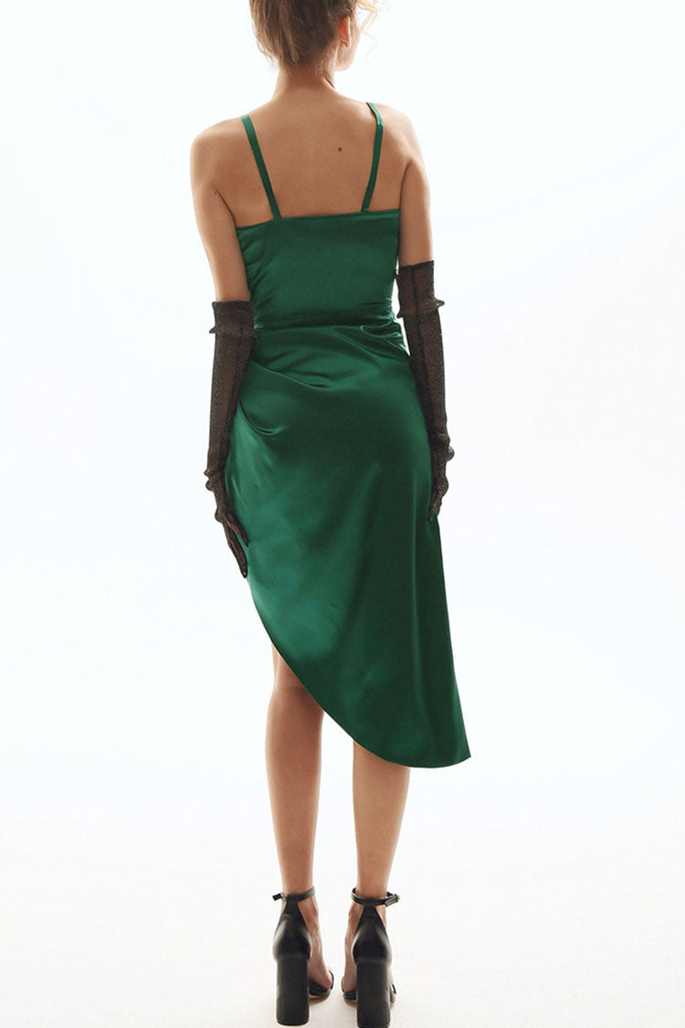 Emerald Green Spaghetti Strap V-Neck Satin Ruched High Slit Slip Midi Dress