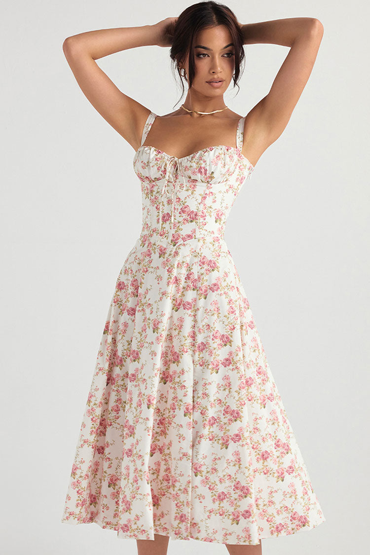 Pink Sweetheart Bustier Tie Front Floral Print High Slit Midi Dress
