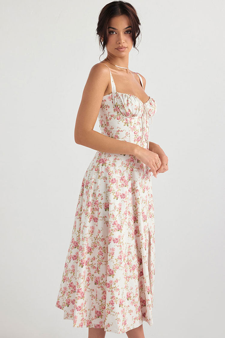 Pink Sweetheart Bustier Tie Front Floral Print High Slit Midi Dress