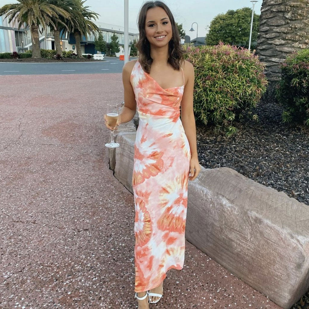 Burnt Orange Floral Tie Dye Cowl Neck Backless Bodycon Maxi Dress
