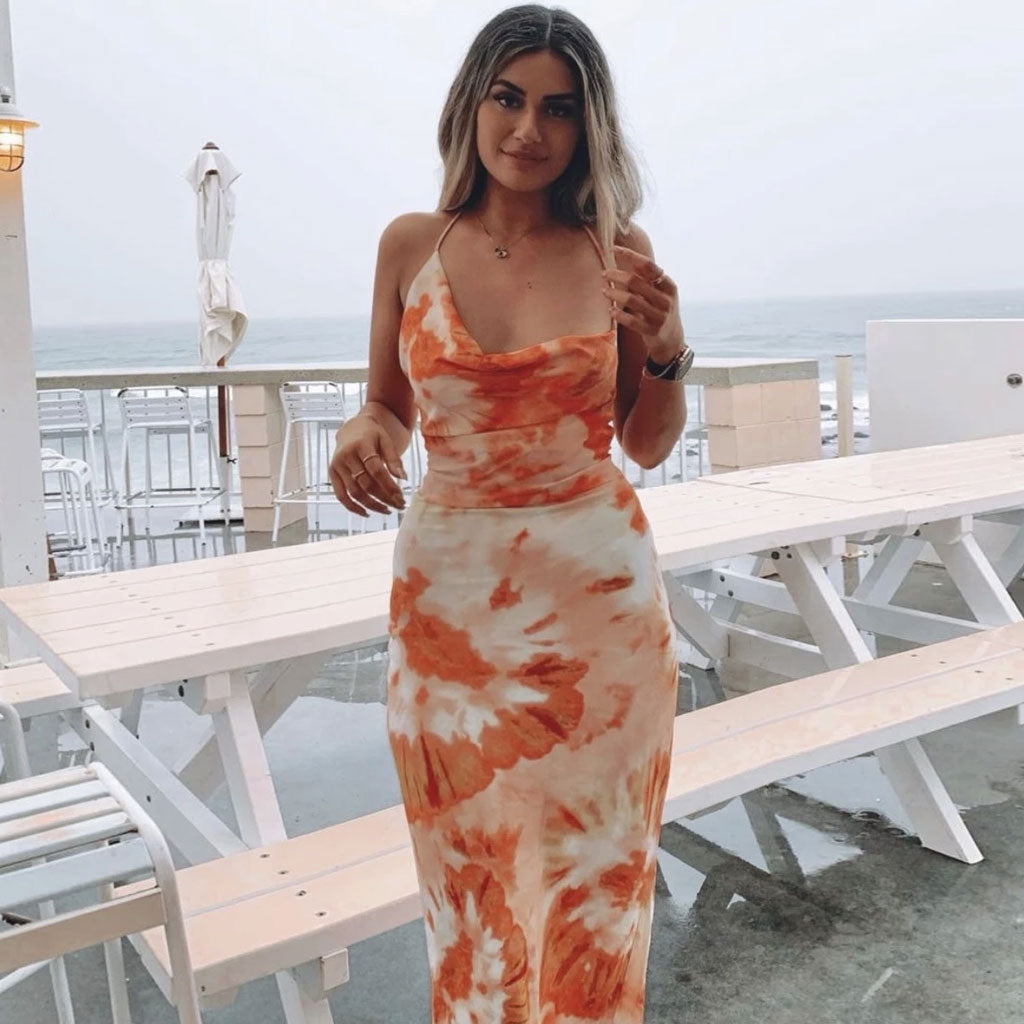 Burnt Orange Floral Tie Dye Cowl Neck Backless Bodycon Maxi Dress