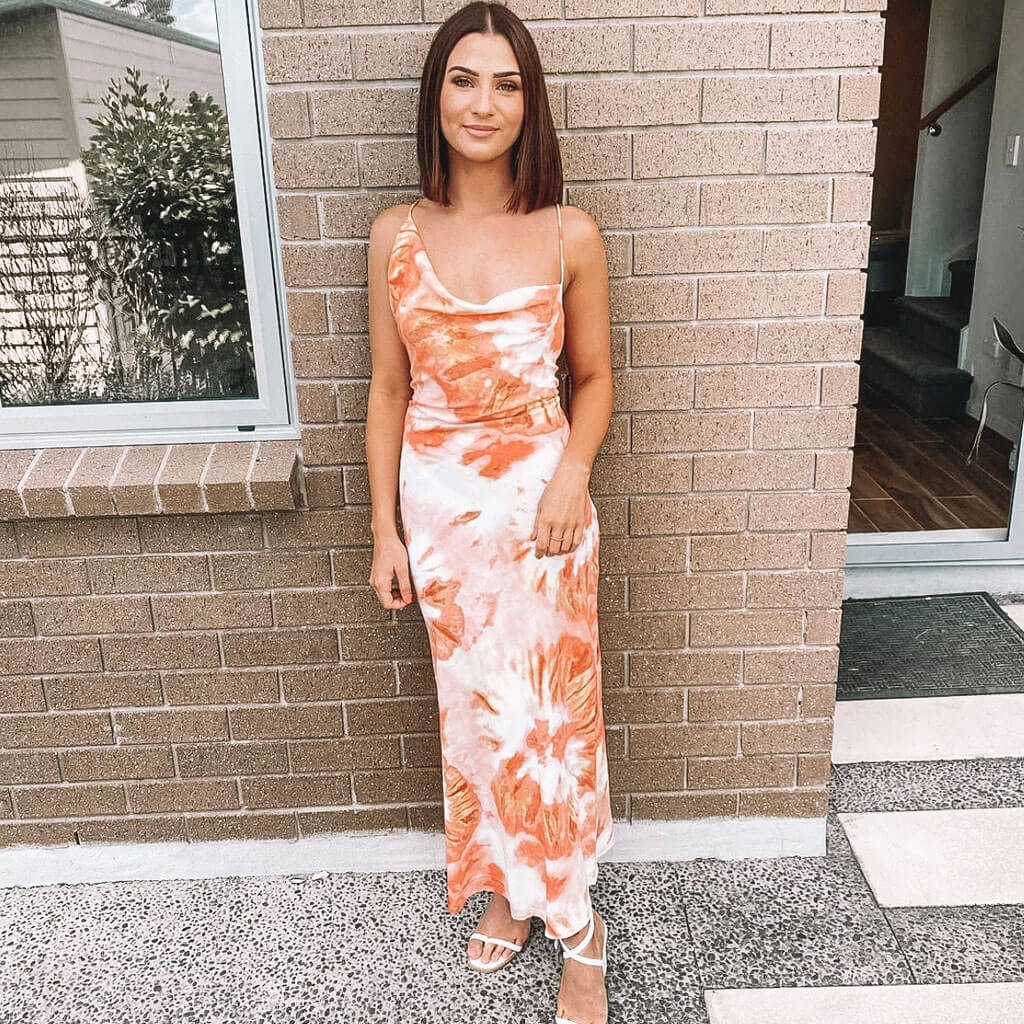 Burnt Orange Floral Tie Dye Cowl Neck Backless Bodycon Maxi Dress