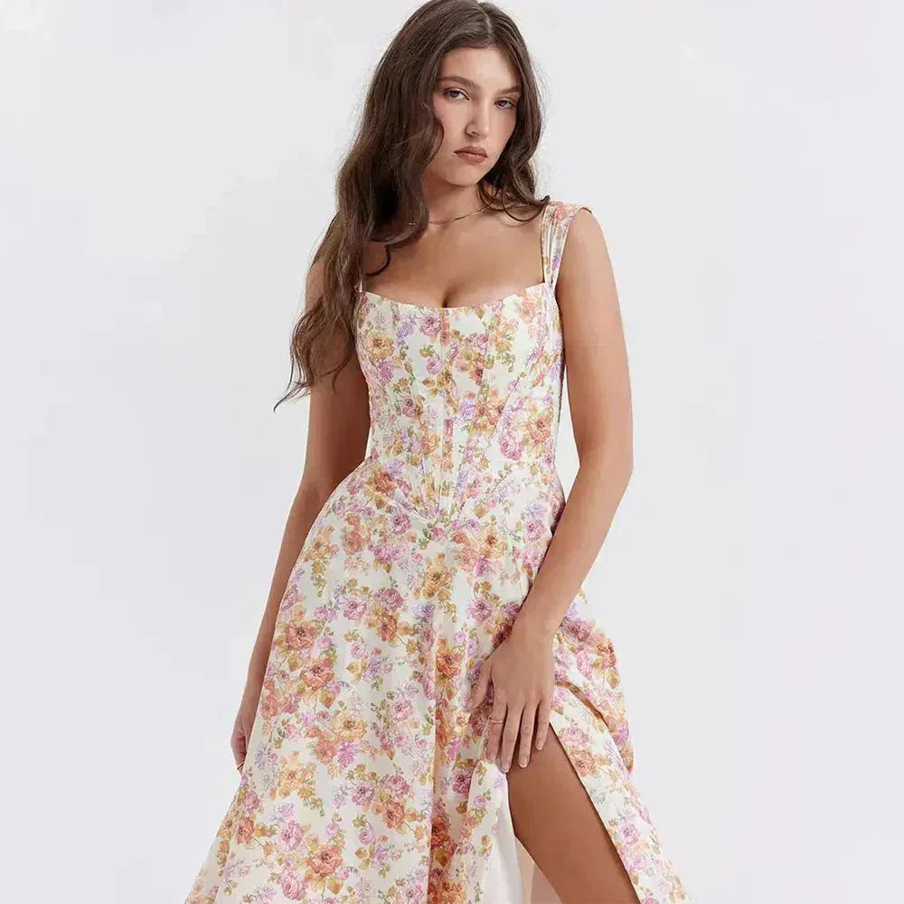 Scoop Neck Floral Corset High Slit A Line Midi Dress 6