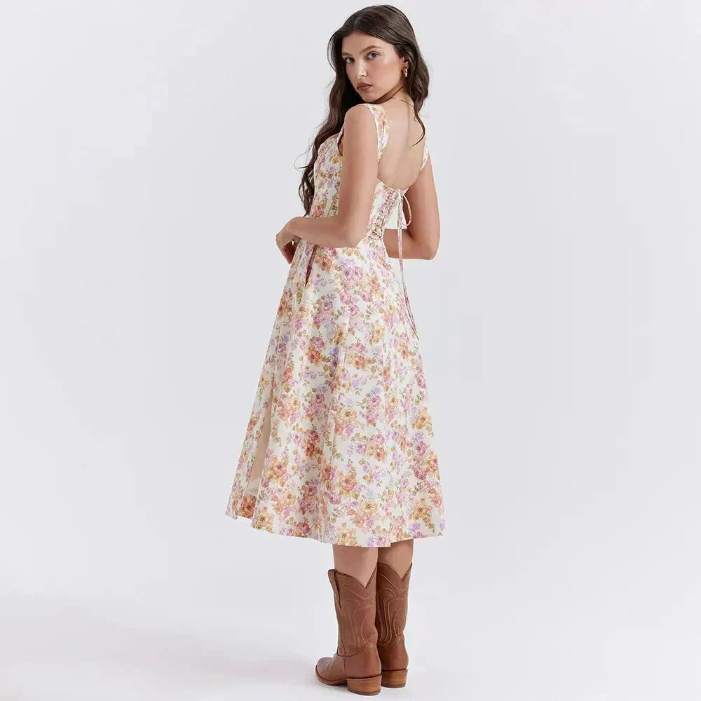 Scoop Neck Floral Corset High Slit A Line Midi Dress 7