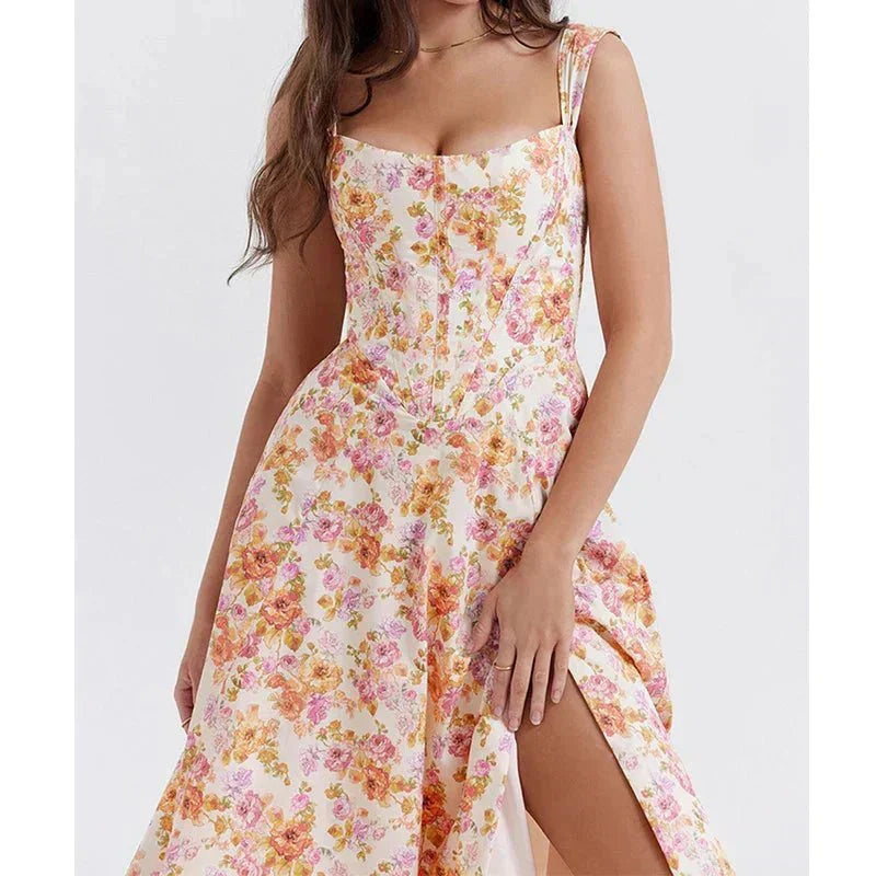 Scoop Neck Floral Corset High Slit A Line Midi Dress 2