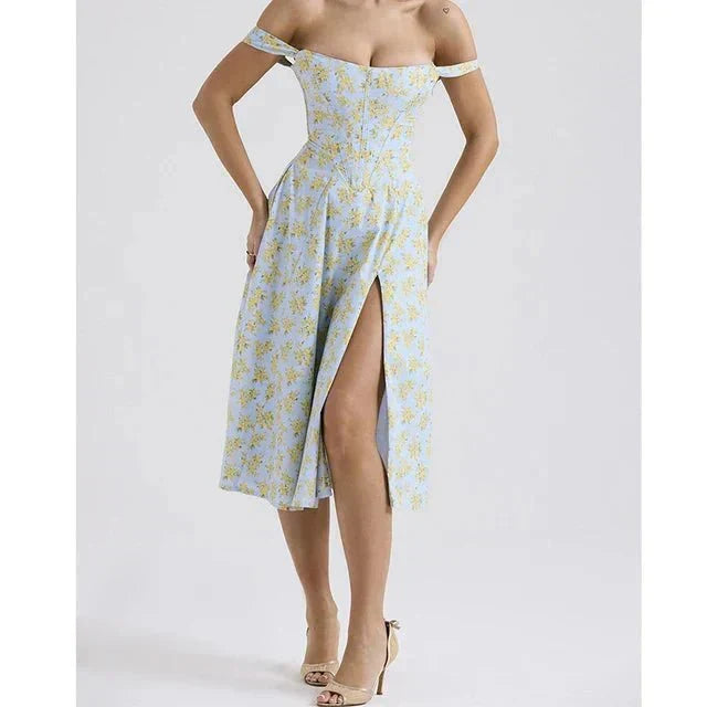 Scoop Neck Floral Corset High Slit A Line Midi Dress 5