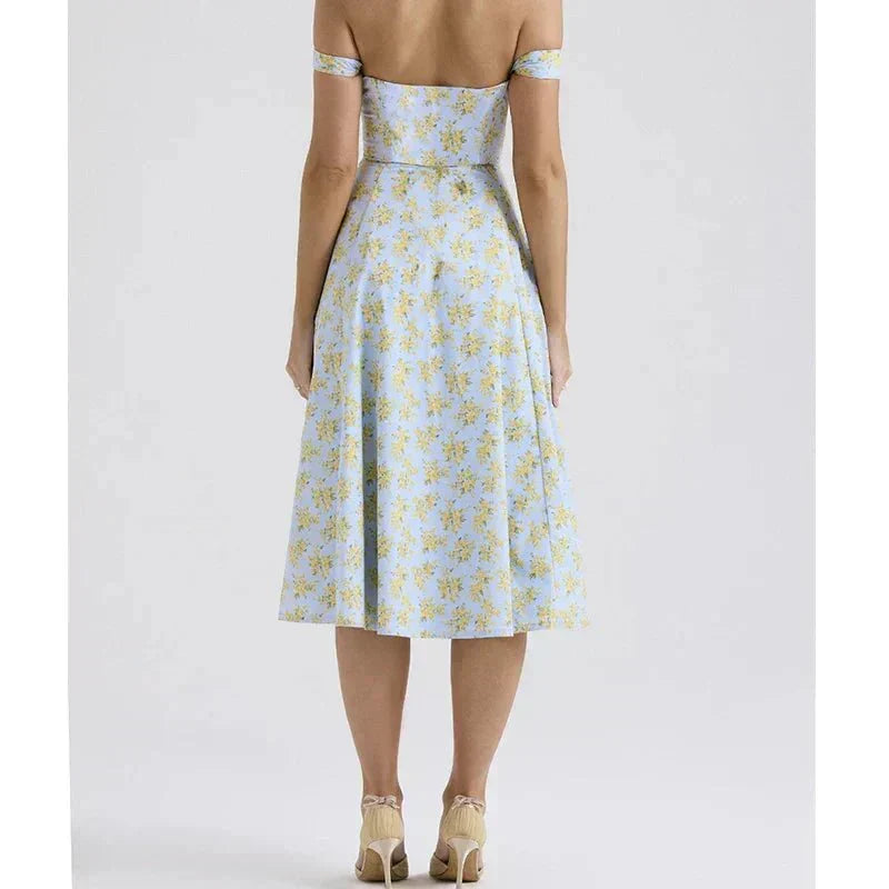 Scoop Neck Floral Corset High Slit A Line Midi Dress 4