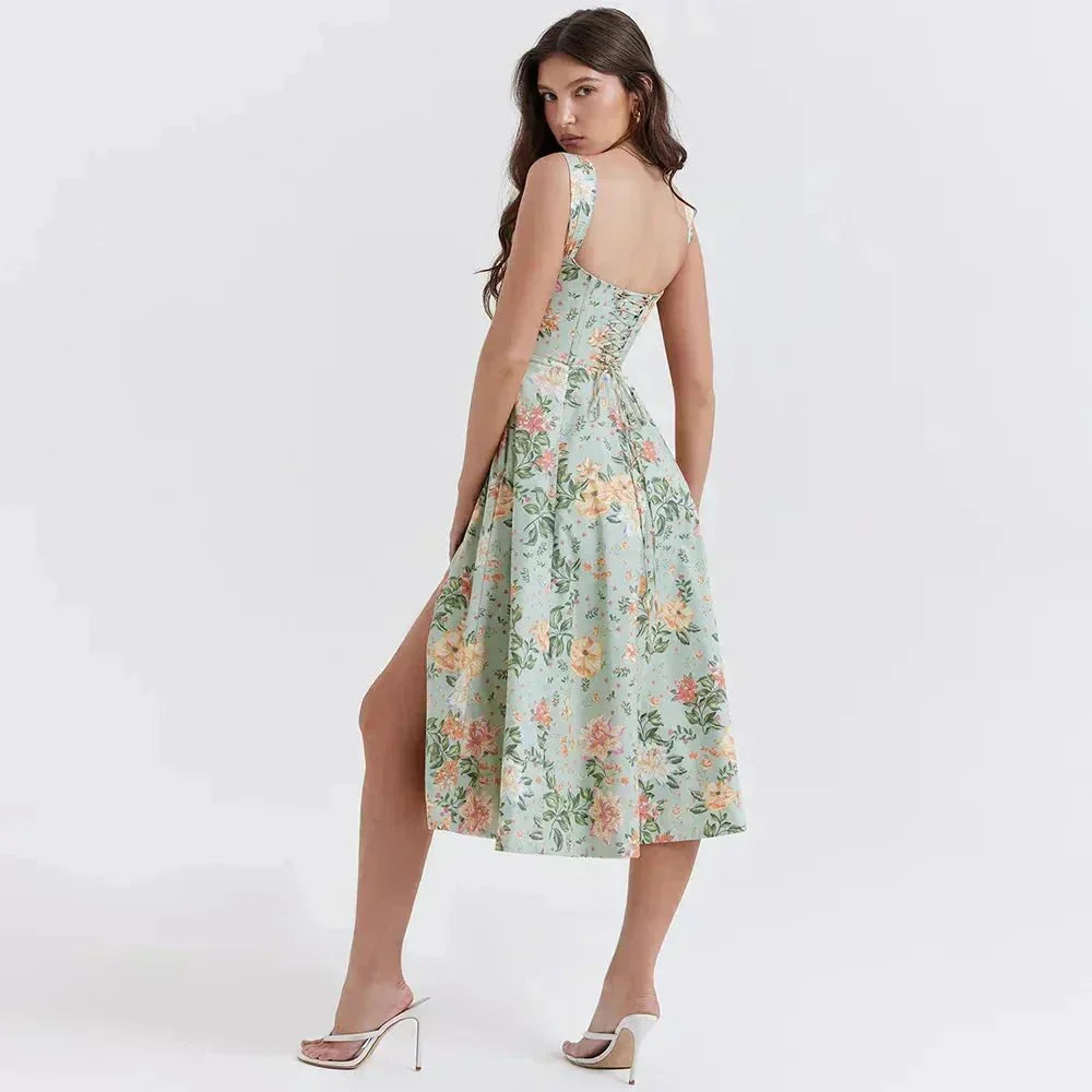 Scoop Neck Floral Corset High Slit A Line Midi Dress 3