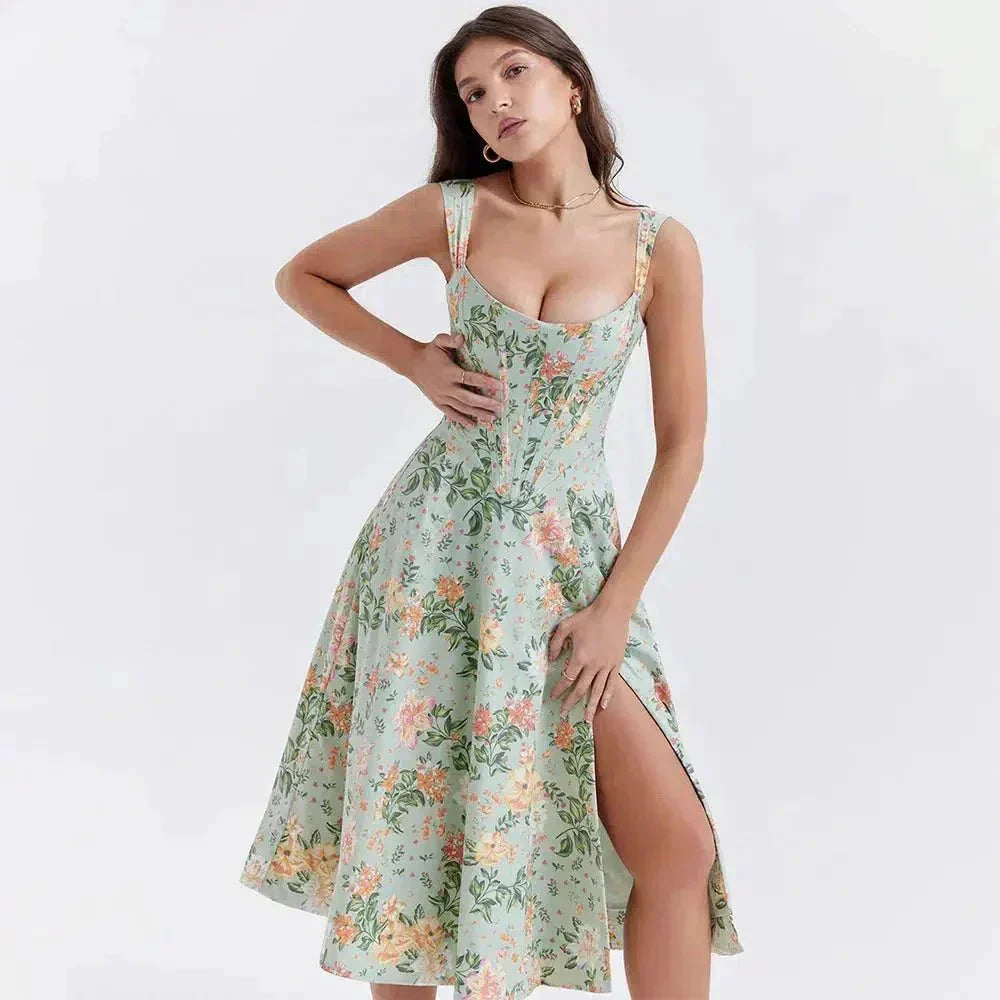 Scoop Neck Floral Corset High Slit A Line Midi Dress