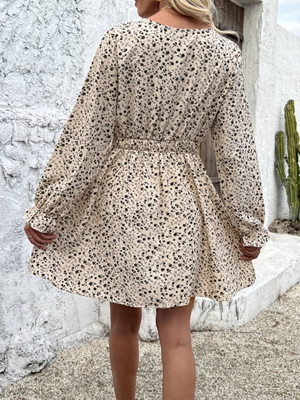 Multi Ditsy Floral Print Lace Trim Deep V-Neck Empire Waist Ruffle Cuff Mini Dress 2