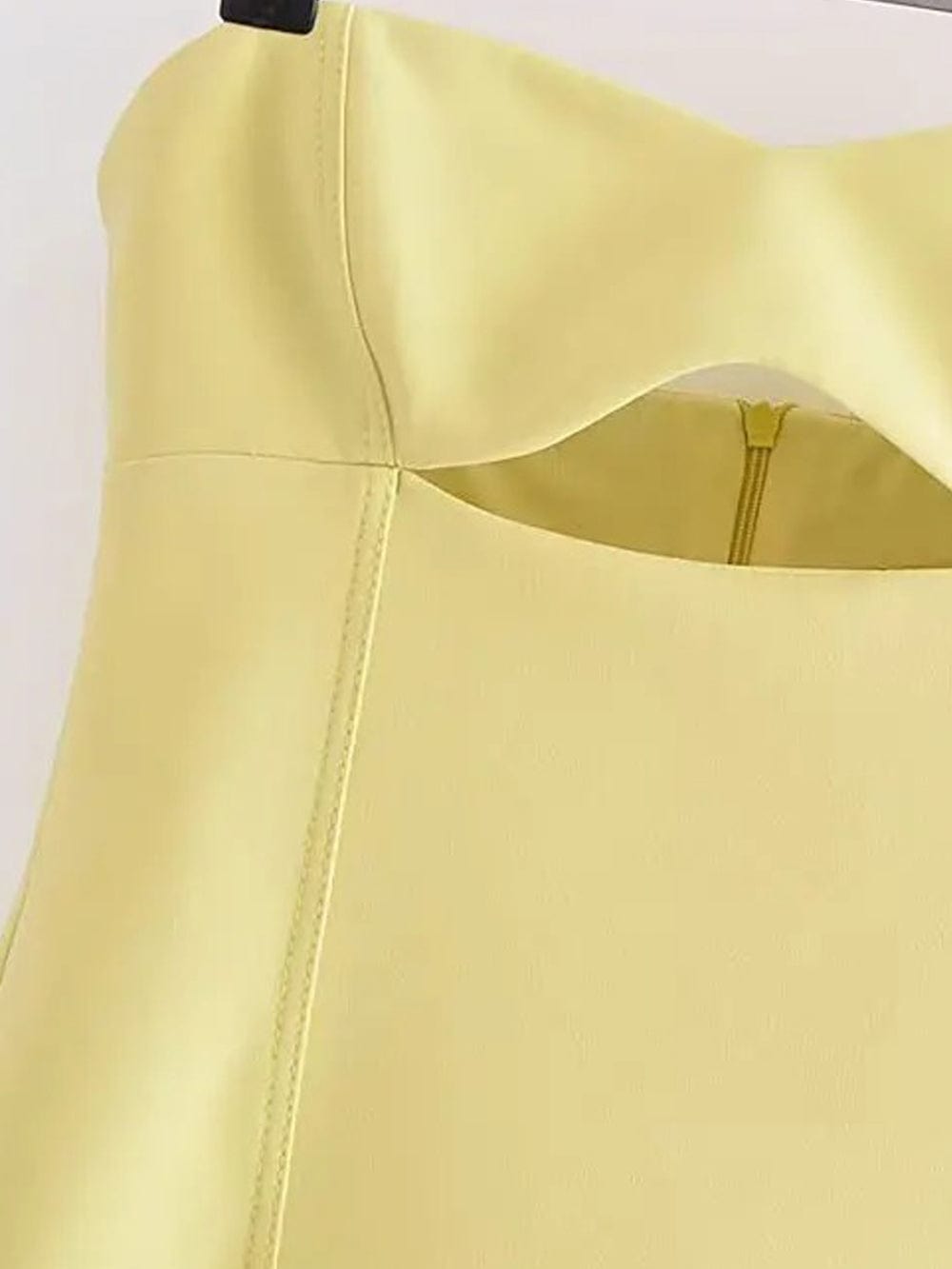 Yellow Faux Leather Strapless Sweetheart Bustier Cut Out Panel Mini Dress 7